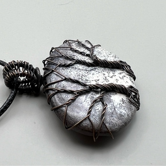 New Dendritic Opal Stone Wire Wrapped Tree of Life Pendant Necklace with Cord - Picture 3 of 5